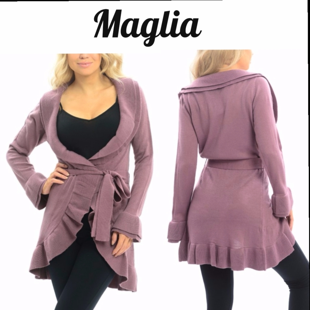 Maglia Purple/Lilac Open Front Ruffle Sweater Cardigan w/ Matching Belt Sz Sm
